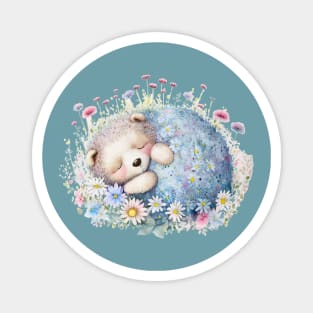 Bear cub sleeps in flowers Magnet